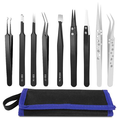 HANDSKIT Precision Tweezer Set, Stainless Steel, Carved, 9 Pieces Set ...