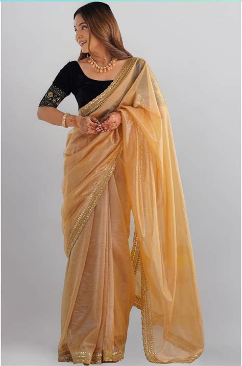 Champagne Grace – Gold Organza Saree with Sequin Border – Vidhima Fashion