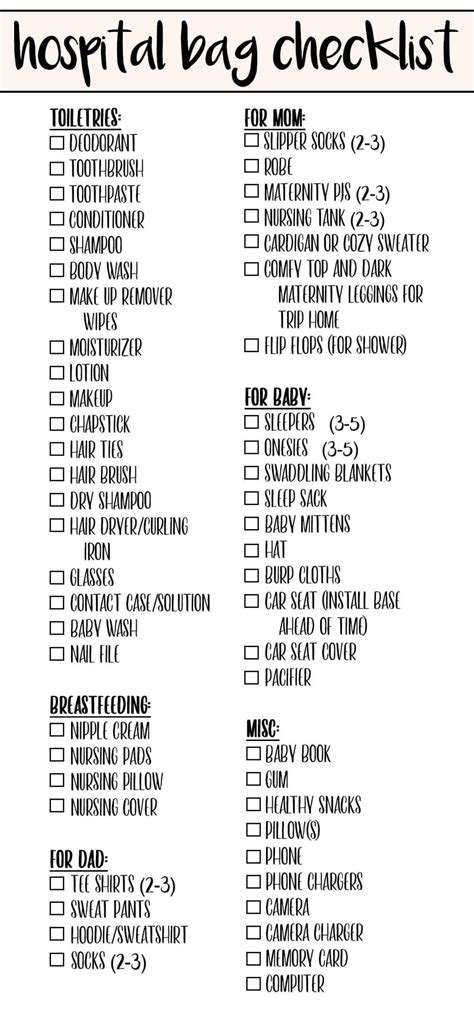 Hospital Bag Checklist Printable - Printable Holiday Calendar
