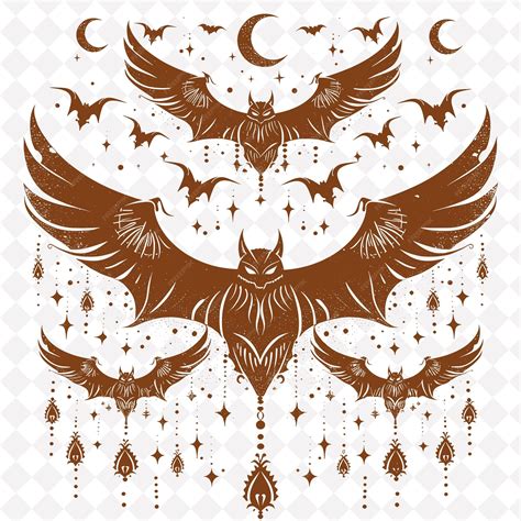 バットゴシック・フォーク・アート・ウィング・パターンとムーン・デット PNG・アウトライン・フレーム・オン・クリーン・バックグラウンド ...
