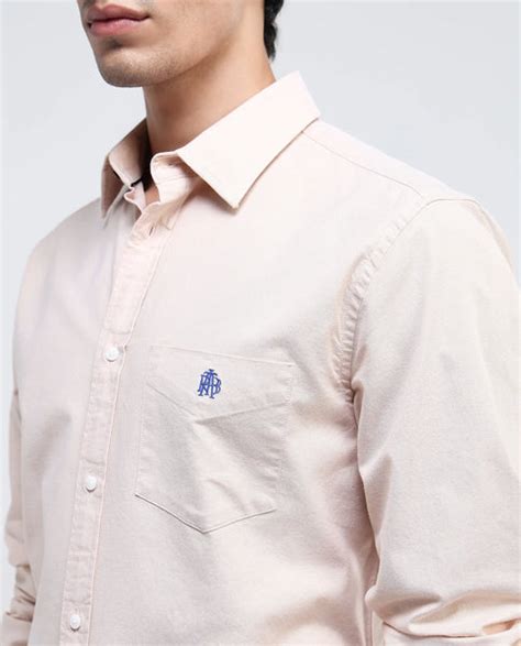 Rare Rabbit Men's Oxob Pastel Mustard Cotton Blend Plain Regular Fit F