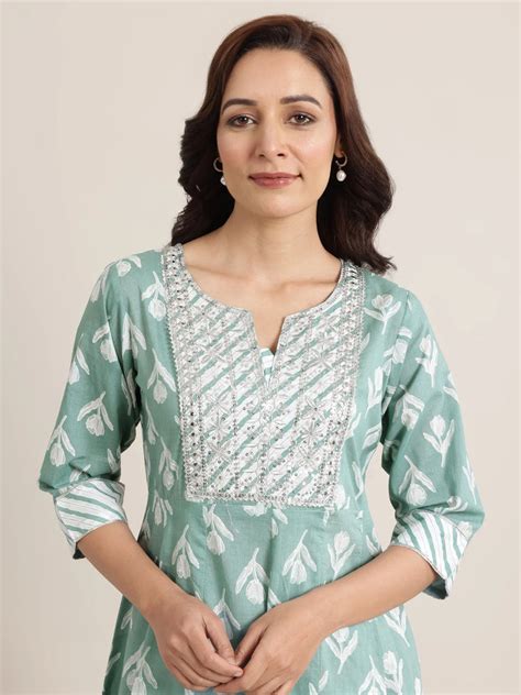 Buy Green Printed Cotton Anarkali Suit Set With Dupatta Online at Rs ...