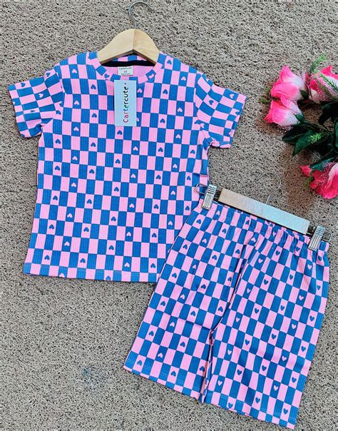 Shorts Sleeves Tshirt with Shorts Sets (Blue & Pink Checked) – sanright