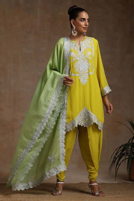 Buy Yellow Crepe, Organza, Cotton Embroidery Round Kashmiri Kurta Tulip ...