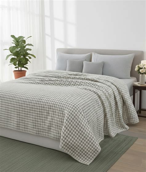 Square Cheque Vanilla Grey Melange & Ivory Cotton Knitted Double Bed A ...