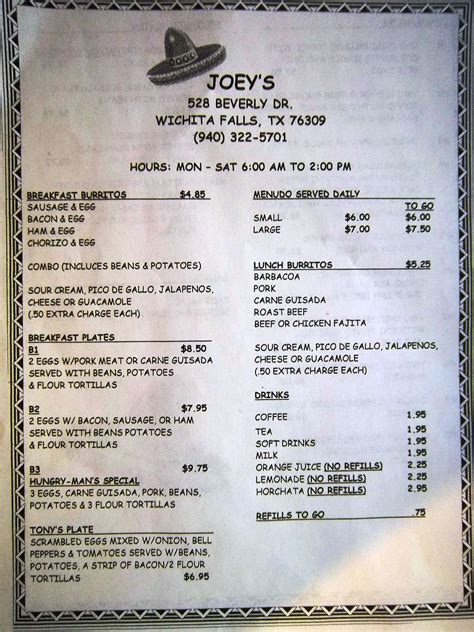 Menu at Joey's restaurant, Wichita Falls, 528 Beverly Dr