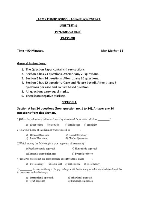 psychology question paper - ARMY PUBLIC SCHOOL, Ahmednagar 2021- UNIT ...