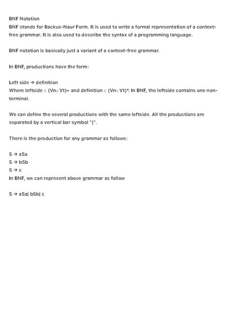 BNF Notation in Compiler Design - Semester 6 Notes - Studocu