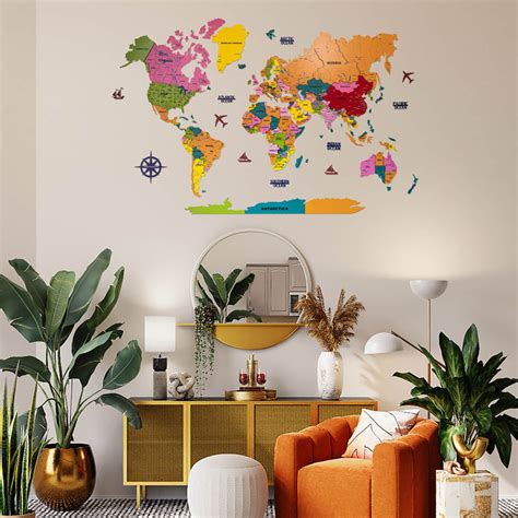 3D Colorful Wooden World Map for wall • M : 48"x30" / Prime • The Map Store