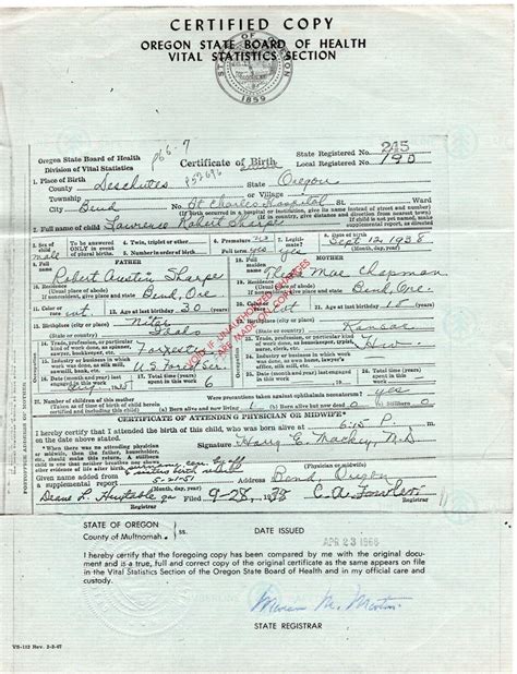 Vintage 1968 Copy 1938 Certificate of Live Birth State of Oregon ...