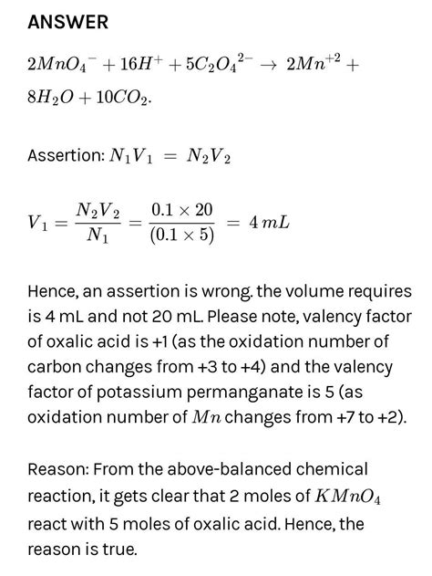 Weight of kmno4 that can oxidise hundred ml of 0.2 m oxalic acid in ...