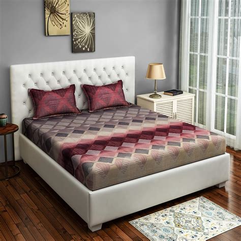 Buy Swayam 250 TC Geometric Print Cotton Satin Fitted Double Bed Sheet ...