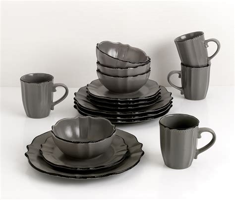Lorren Home Trends 16 Piece Scalloped Edge Slate Grey Dinnerware