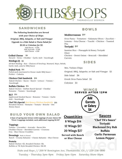 Menu for Hubs and Hops - Bike Shop and Taproom in Thomasville, GA | Sirved
