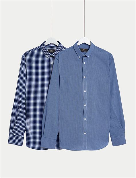 Buy 2pk Regular Fit Easy Iron Long Sleeve Gingham Shirts at Marks & Spencer