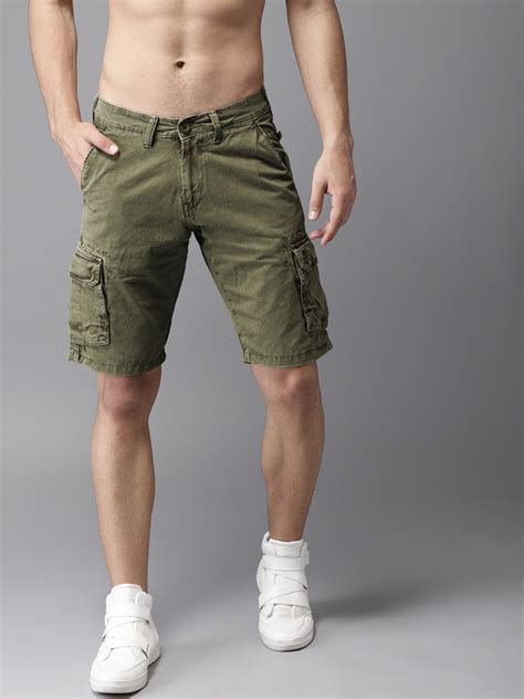 Buy HERE&NOW Men Olive Green Solid Regular Fit Cargo Shorts - Shorts ...