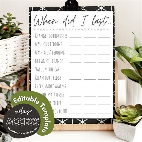 When Did I Last Organization Sheet Template, Daily Task Journal Log, Home Chore List Reminder ...