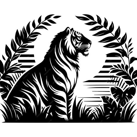 Majestic Tiger Silhouette in Jungle Foliage Black and White Wildlife ...