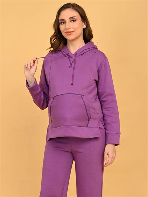 Model adjusting hood drawstring on Purple Frostbite maternity and ...