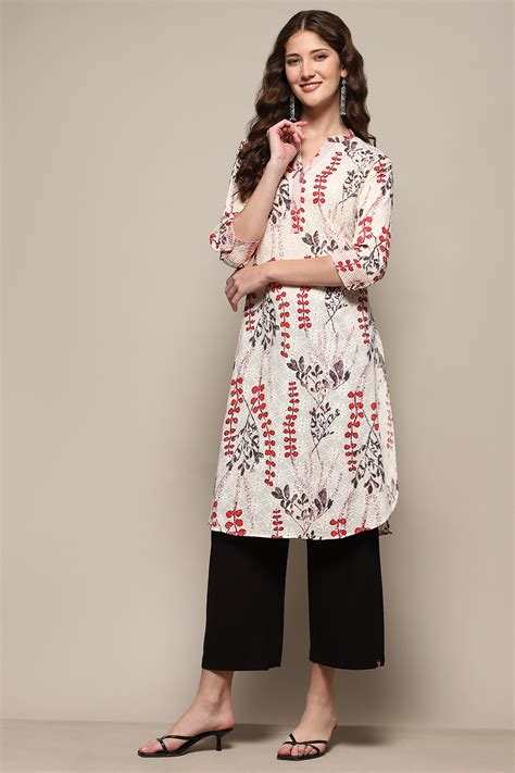 White & Red Cotton Printed Straight Kurta at Biba India