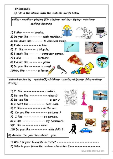 LIKE + VERB ing | English lessons for kids, English worksheets for kids ...
