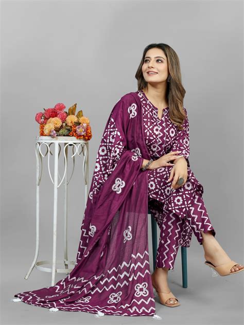 Hand Blocked Batik Kurti Pant Dupatta Set (Stitched) – Ethenika.com