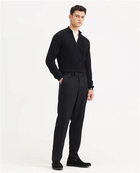 Rare Rabbit Men's Masoni-B Black Linen Blend Plain Relaxed Fit Trouser