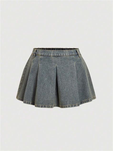 SHEIN MOD Plus Size Low Waist A-Line Pleated Denim Skirt, Summer For ...