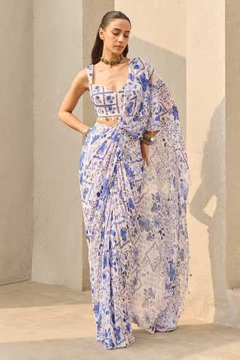 Buy Ivory Georgette Embroidery, Abstract Floral Print Pre-draped Saree ...