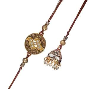 eCraftIndia Brown & Golden Bhaiya Bhabhi Rakhi Set with Roli Chawal ...
