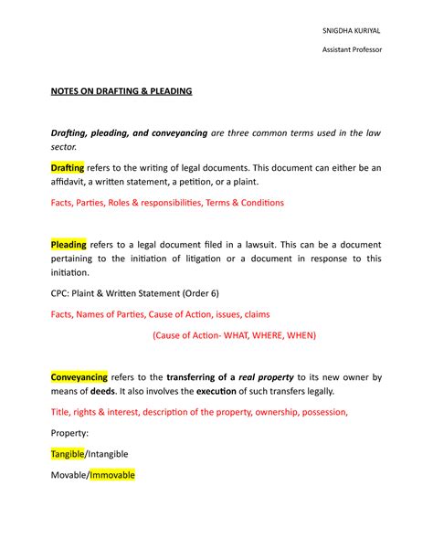 Notes ON Drafting - Assistant Professor NOTES ON DRAFTING & PLEADING ...