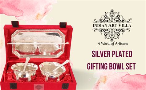 Buy INDIAN ART VILLA Silver Plated Bowl Set with Embossed Tray and 2 ...