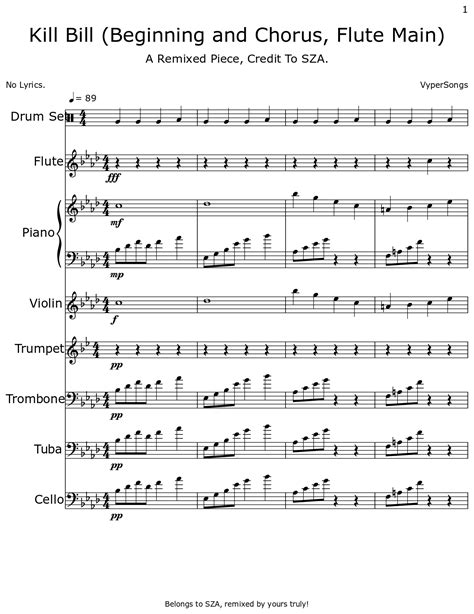 Kill Bill (Beginning and Chorus, Flute Main) - Sheet music for Drum Set, Flute, Piano, Violin ...