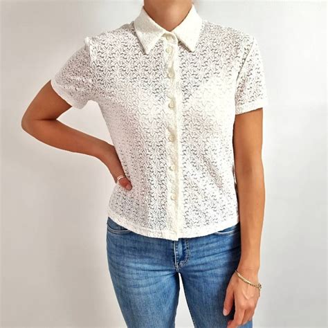 00’s Vintage Topshop White Lace Blouse // Short Sleeve Cream Ladies ...