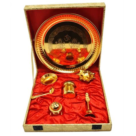 KUSHAL Creations Brass Pooja Thali with Diya, Katori, Agardaan, Puja ...
