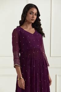 Buy Purple Chanderi Embroidery Sequin V Neck Side Slit Kurta For Women ...