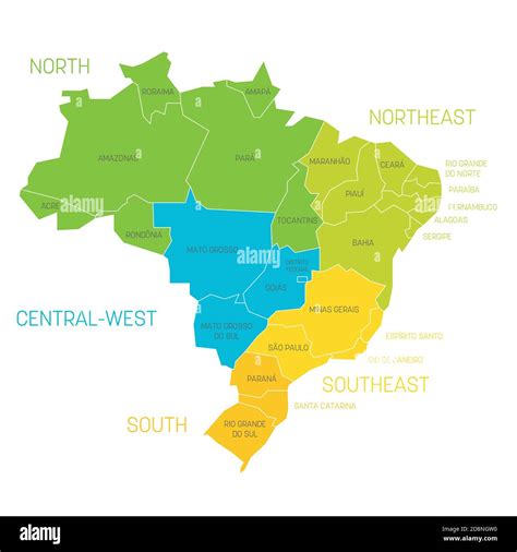 Colorful political map of Brazil. States divide by color into 5 regions . Simple flat vector map ...