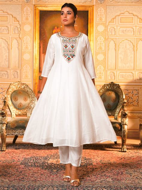 Buy Embroidered Poly Silk Solid Straight White Kurta & Trousers ...