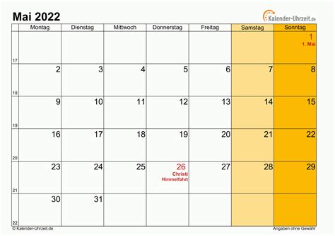 Kalender Mei 2022 Zum Ausdrucken Mit Feiertagen Kalender 2022 Zum ...