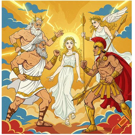 Cartoon Greek gods including Zeus, Ares, Aphrodite, Hera, and Hephaestus on a yellow background ...