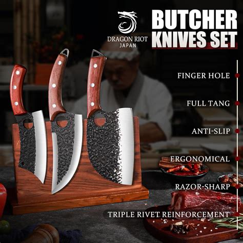 DRAGON RIOT Professional Butcher Knife Set for Meat Processing, 3Pcs ...