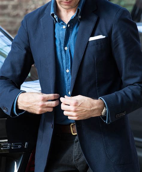 Navy Sport Coat with Denim Shirt and Black Jeans | He Spoke Style