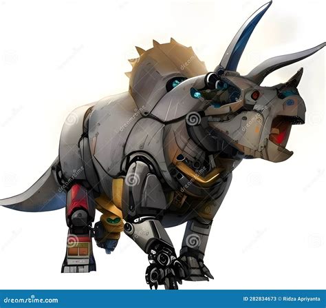 A Triceratops Robot In A Metallic Steampunk Style. A Cyborg Dinosaur On ...