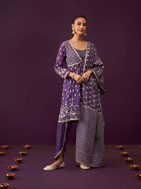 Mulmul Banarsi Nyah Purple Short Anarkali Kurta With Mulmul Banarsi Ny