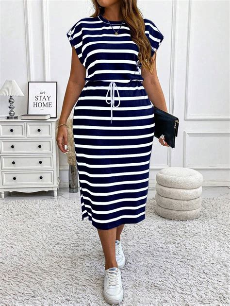 Calvaya Plus Size Striped Crew Neck Cap Sleeve Bodycon Split Drawstring ...