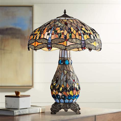 Dragonfly Tiffany-Style Blue Glass Light Table Lamp - #7R022 | Lamps Plus