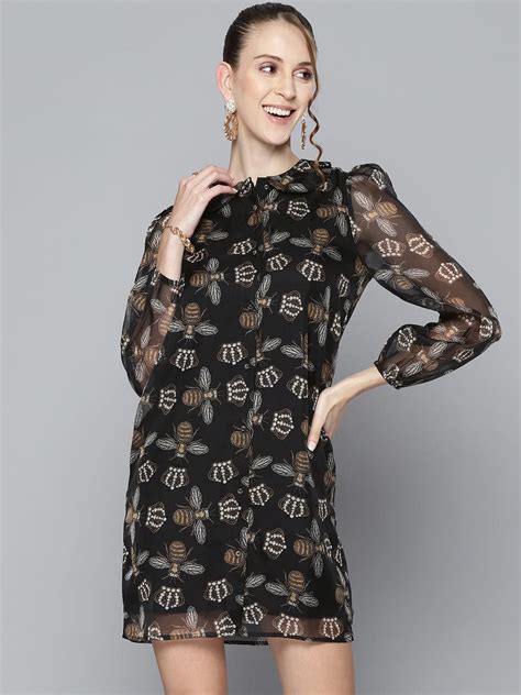 Buy Women Black Beetle Print Collar Neck Shirt Dress Online at Sassafras