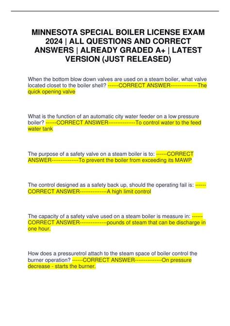 MINNESOTA SPECIAL BOILER LICENSE EXAM 2024 | ALL QUESTIONS AND CORRECT ...