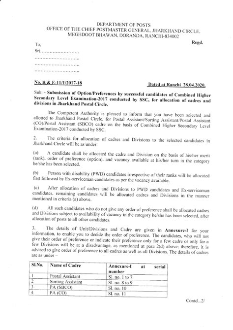 Option/preference letter to the selected candidates through CHSLE 2017 ...