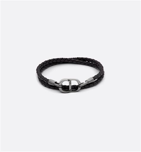 CD Icon Braided Leather Double Bracelet Black Lambskin and Ruthenium ...